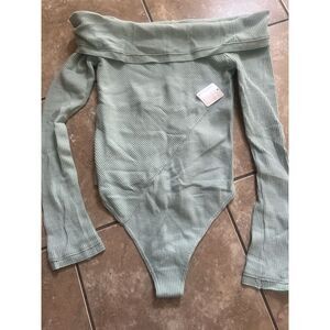 NWT Free People M Ribbed Cotton Off The Shoulder Bodysuit Seafoam